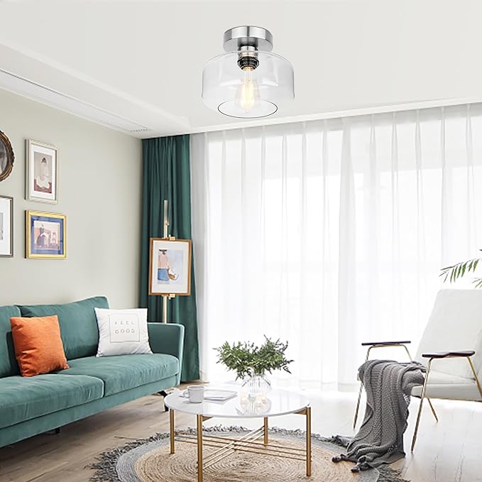 Industrial Semi Flush Mount Ceiling Light Brushed Nickel, 900 Lumen LED Bulb Included, Clear Glass Shade Ceiling Light Fixture, Farmhouse Light Fixture for Hallway Corridor Kitchen Bathroom Bedroom