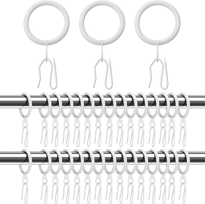 Hotop 30 Pcs Metal Drapery Curtain Rings 0.98/1.26/1.65 inch Interior Diameter and 30 Pcs Hanging Curtain Drapery Pin Hooks for Window Door Shower(25 mm,White)