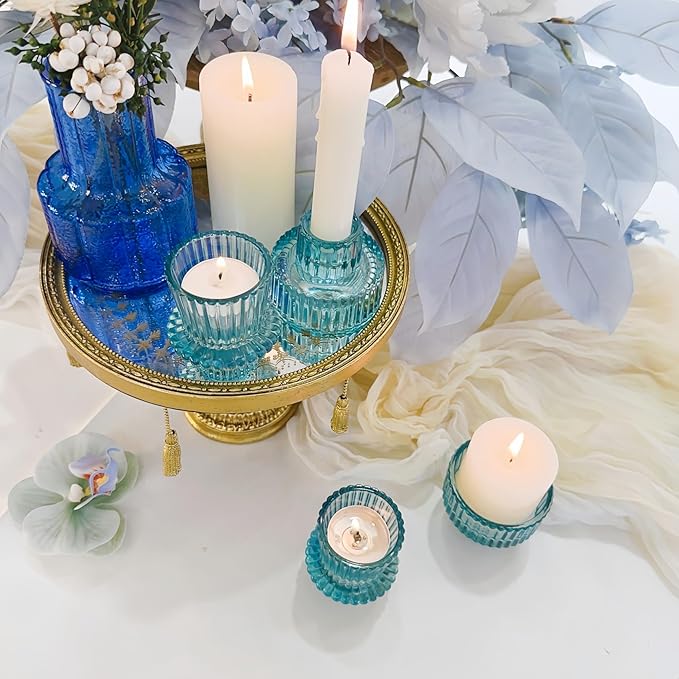 Double Sided Vintage Ribbed Taper Glass Candle Holders,Tea Candle Holder for Table Centerpieces, Wedding Decorations and Dinner Parties (Bule, 3 PCS)