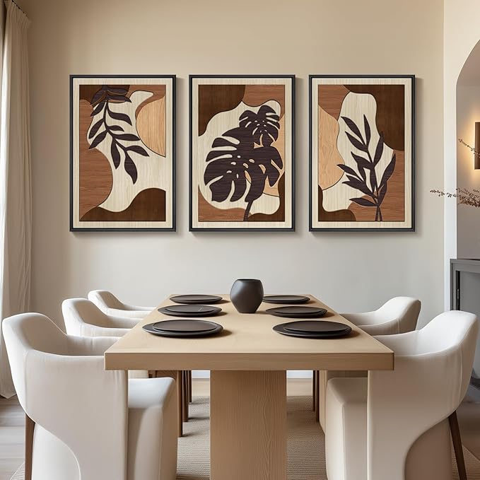 Framed Textured Wood 3D Wall Art for Living Room, Large Boho Tropical Brown Artwork for Walls, 3 Piece Farmhouse Botanical Leaf Wood 3D Textured Wall Art Decor for Office Bedroom Hallway, 24x36 Inch