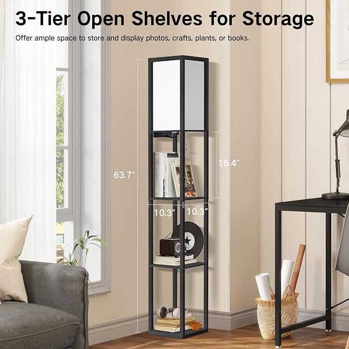 OUTON Floor Lamp with Shelves, Dimmable Shelf Floor Lamp with Remote, 1USB & 1 Type C Ports, 1 Power Outlet, Modern Standing Lamp with 4 Color Temperature for Living Room, Bedroom, Matte Black