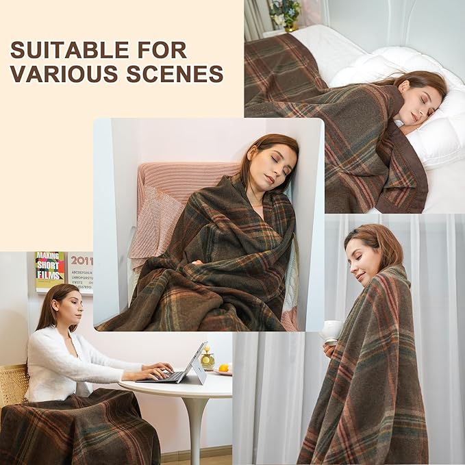 YOUR MOON 100% Pure Merino Wool King Size, Australian Organic Natural Wool Blanket, Hypoallergenic Wool Blanket for Bed, Medium Weight(Plaid Brown, 90 * 108)