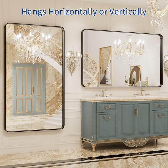 WEER 50X30 Inch Black Metal Framed Bathroom Mirror, Black Bathroom Vanity Mirror Farmhouse, Rounded Rectangular Matte Black Wall Mirrors, Tempered Glass, Anti-Rust (Horizontal/Vertical)