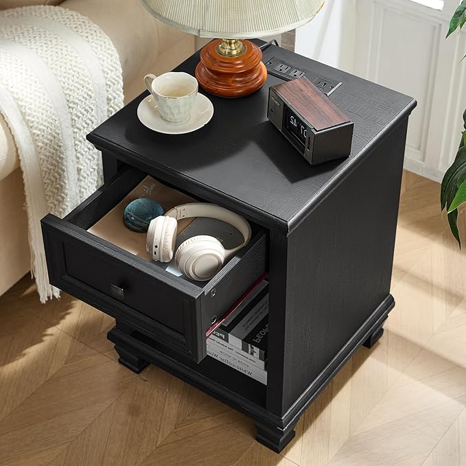 Farmhouse Side Table Set of 2 with Charging Station, Rustic Wood End Table with Drawer, Small Nightstands with Open Shelf for Bedroom, End Tables for Living Room, Black