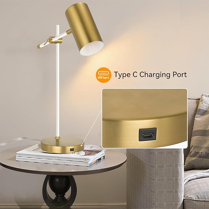 Modern White and Gold Desk Lamp, Minimalist Industrial Table Lamp with Swing Arm, for Study Room Home Office Bedroom Bedside Nightstand