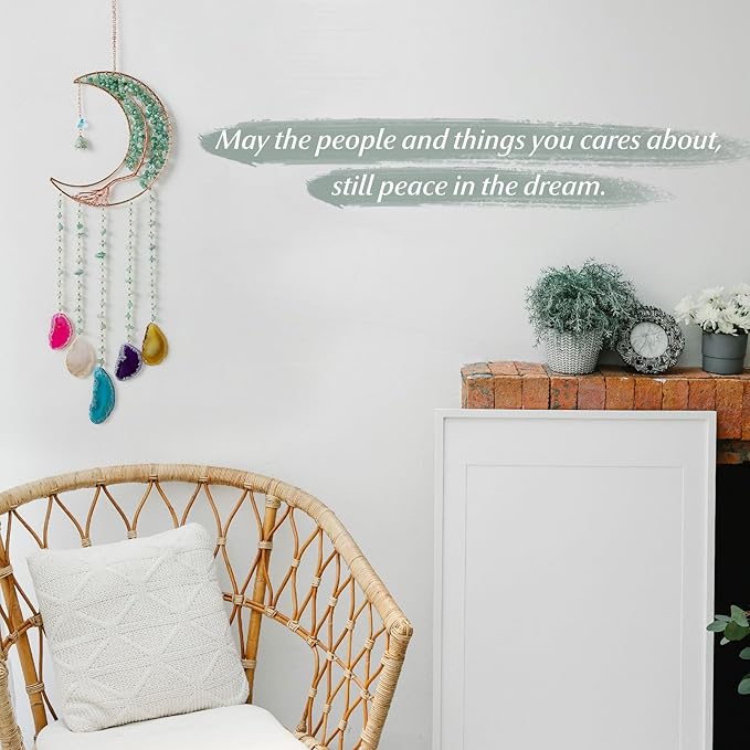 Agate Gemstone Dream Catcher 7 Chakra Tree of Life Dream Catcher with Rainbow Crystal Stones Handmade Dreamcatcher Wall Decor for Adults Boys Girls,Bedroom,Wedding,Garden,Bless Gift(Green Moon)