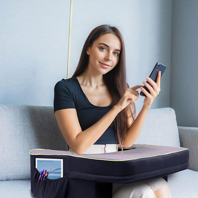 Reading Pillow for Gaming, Arm Rest Lap Pillow Memory Foam Bed Rest Pillow for Working, Soft Lap Desk Pillow Gaming Pillow with Side Pockets, Pillow for Sitting in Bed Floor Sofa Laptop