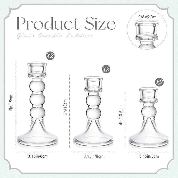 Mumufy 6 Pack Glass Taper Candle Holders Clear Candlestick Holder Fit 0.8 Inch Candles 4'' 6'' 8'' Tall Crystal Decorative Candlestick Stand Centerpiece for Table Wedding Dining Party (Glossy)