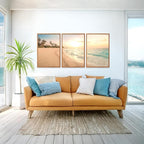 Aurlan Tropical Beach Sunset Framed Wall Art(16"x24"), 3PCS Coastal Ocean Island Canvas Artwork, Vintage Seascape Landscape Scenery Decor Prints for Office Home