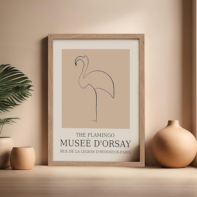 Poster Master Vintage Poster - Retro Minimalist Print - Gift for Artist, Housewarming - Flamingo, Line Drawing, Sketch, Abstract - Wall Decor for Living Room, Bedroom, 16x20 Beige Framed