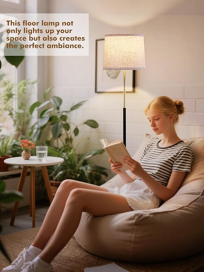 60" Modern Floor Lamp for Living Room Bedroom, Standing Lamp with Oatmeal Linen Lampshade, Tall Lamp with A19 9W 3 Color Temperature Bulb, Foot Switch Control, Black & Gold