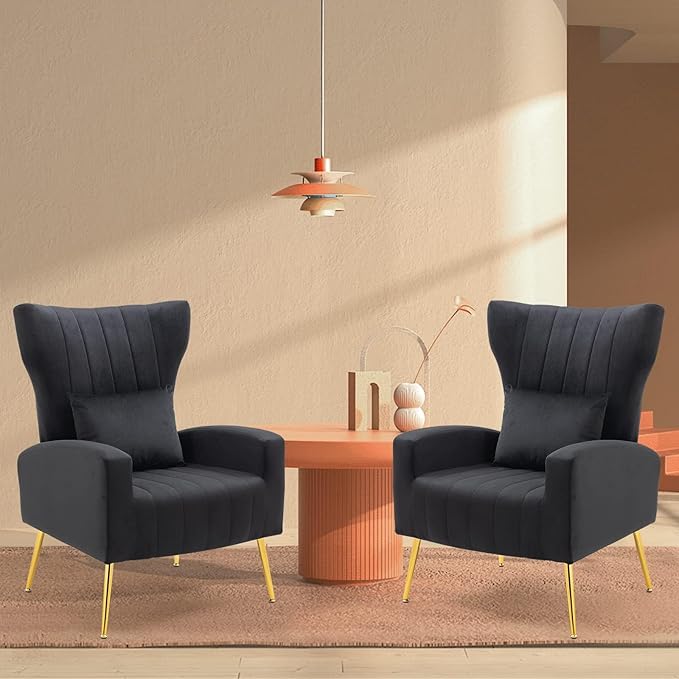 X-VOLSPORT Velvet Accent Chairs Set of 2, Mid Century Modern High Back Living Room Chair with Waist Pillow, Upholstered Arm Chair with Metal Gold Legs for Bedroom, Club, Black