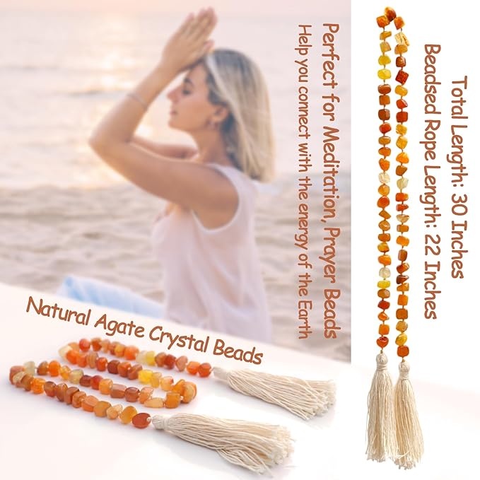Agate Stone Hand Knotted Garland Modern Farmhouse Rustic Table Home Decor, 30inch Meditation Accessories with Tassel, Prayer Healing Beads Boho Wall Shelf Hanging Decoration (Orange)