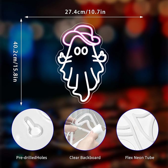 Cowboy Ghost Neon Sign, Neon Signs for Wall Decor Neon White Pink LED Signs Room Neon Light Up Signs Home Decor for Bedroom Club Party Bar Shop USB Operated