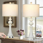 28" Farmhouse Table Lamps Set of 2, Vintage Bedside Lamps with USB A+C Charging Ports & AC Outlet, 3-Way Dimmable Touch Control Nightstand Lamp for Living Room Bedroom Wash White(2 LED Bulbs Included)