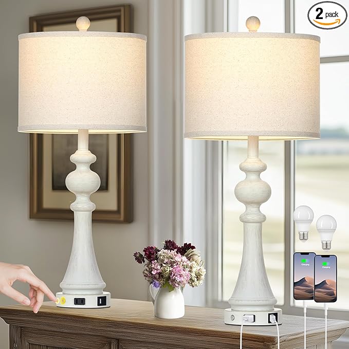 28" Farmhouse Lamps Set of 2, Vintage 3-Way Dimmable Touch Control Table Lamps with USB A+C Fast Ports & AC Outlets, Rustic Traditional Classic Bedside Nightstand Lamps for Living Room Bedroom White