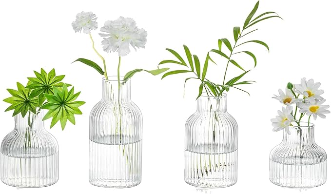 Glasseam Glass Bud Vases for Centerpieces: Modern Small Flower Vase Set of 4 for Home Decor - Clear Mini Table Centerpieces for Minimalist Living Room Shelf Kitchen Wedding Party Decorations
