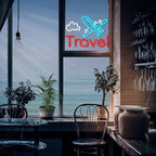 Travel Neon Sign USB Airplane LED Light Up Sign for Wall Decor Dimmable 12.2 * 16.5 In Go To Tranel Neon Light for Airport Travel Agency Bedroom(Ice Blue Red White)
