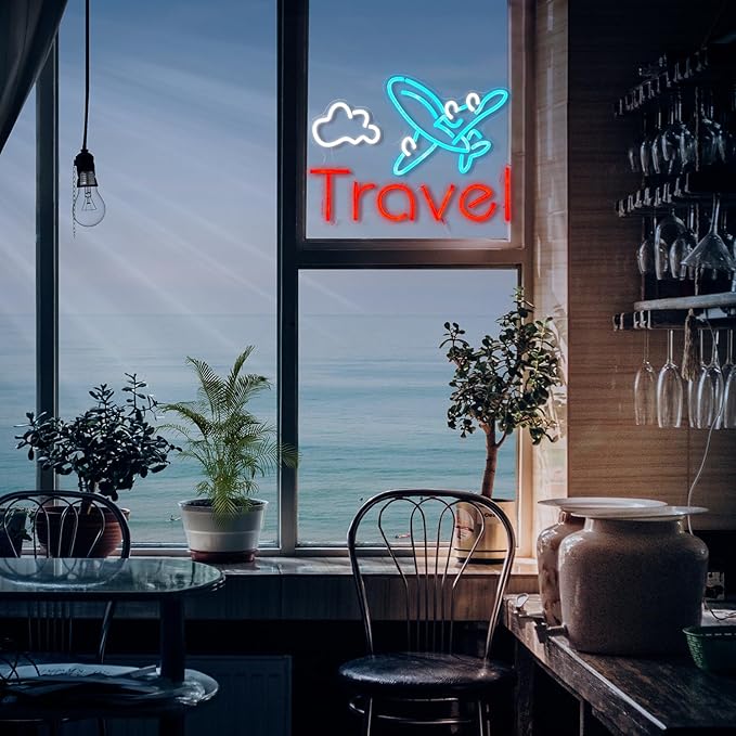 Travel Neon Sign USB Airplane LED Light Up Sign for Wall Decor Dimmable 12.2 * 16.5 In Go To Tranel Neon Light for Airport Travel Agency Bedroom(Ice Blue Red White)