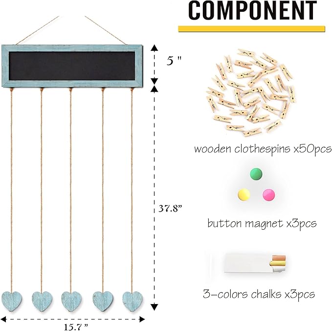 Picture Frames Collage Display Board with 30 Clips - Multi Photos Cards Organizer with Adjustable Twines and Magnetic Blackboard - DIY Wall Decor Hanging Picture Holder 15.7x5 Inches