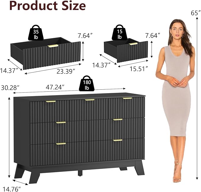 Fluted Dresser for Bedroom,7 Drawer Dresser for Closet,Storage Cabinet and Chest of Drawers with Gold Handle,TV Stand,Storage Organizer for Living Room,Hallway,Entryway,Black