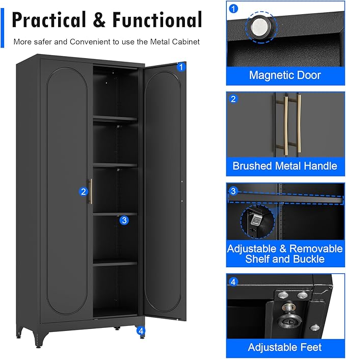 Pantry Cabinet, 75 Inch Tall Kitchen Storage Cabinet, Metal Pantry Cabinets with Doors and Adjustable Shelves, Black Freestanding Food Cupboard for Living, Dinning Room-Assembly Required