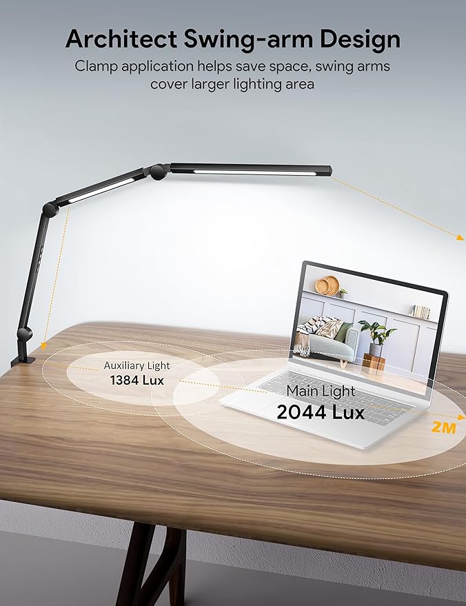 MediAcous LED Desk Lamp with Clamp, Dual Light Desk Lamp with Swing Arm, 4 Color Modes & 4 Brightness Metal Table Lamp, Eye-Caring Clip-on Lamp with Memory Function for Home Office Work Study