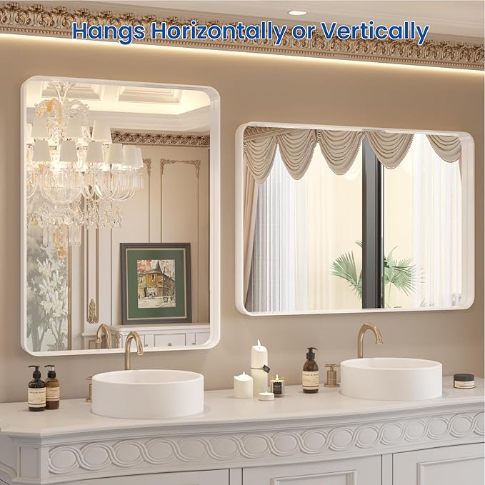 WEER White Bathroom Mirror 20X30 Inch, Rounded Rectangle White Metal Frame Mirror, Matte White Bathroom Vanity Mirror with Tempered Glass, Anti-Rust, Hangs Horizontally or Vertically