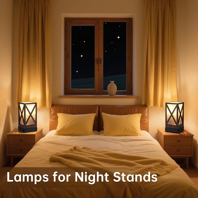 Table Lamp, Set of 2 Rustic Farmhouse Nightstand Lamps, 3 Color Temperatures Desk Lamp with USB Charging Ports AC Outlet Vintage Lamp for Living Room Bed Room, Brown Tiger Pattern