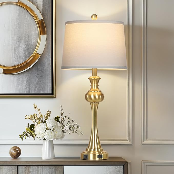 28.75" Gold Table Lamps Modern 3-Way Touch Control Dimmable Bedside Lamp with USB A+C Ports & AC Outlets for Living Room Bedroom Nightstand Lamp (Bulb Included)