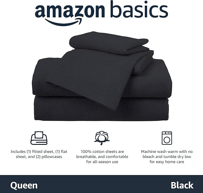 Amazon Basics 4 Piece Bed Sheet Set, 100% Cotton Jersey, Includes Super Soft, Flat and Fitted Sheets, Pillowcase, Queen, Black, Solid