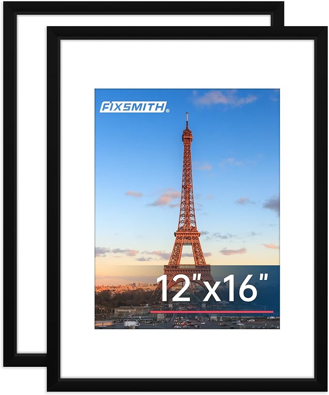 FIXSMITH 12x16 Picture Frame Set of 2, Photo Frame with HD Plexiglass, Display Pictures 8.5x11 with Mat or 11x17 Without Mat, Black Picture Frames Collage Wall Decor, Gallary Wall Frame