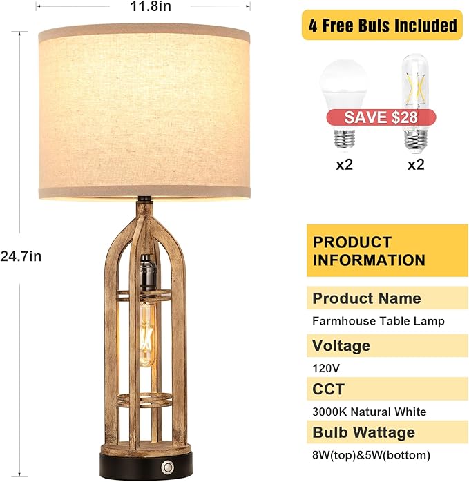 Seealle Table Lamp for Living Room Set of 2 - Wood-Like Bedside Lamp for Bedroom with USB C+A & Outlet, Farmhouse Lamps for Night Stands, 3-Way Dimmable Touch Lamps for Living Room