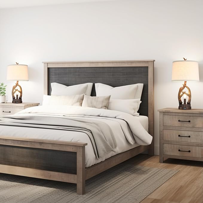 Rustic Table Lamps Farmhouse Antler Lamps Set of 2 Western Bedside Lamps for Bedroom with USB Charging Ports Nightlight,Vintage Resin Nightstand Table Lamps for Living Room (Bulbs Included)