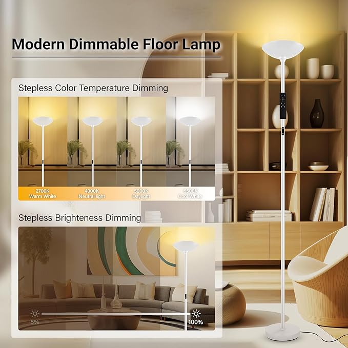 BoostArea Dimmable Floor Lamp,30W 3000LM Super Bright LED Torchiere Standing Lamp with Remote & Touch Control,71 in Tall Pole Sky Modern Floor Lamps for Living Room Bedroom Office,2700k-6500k,White