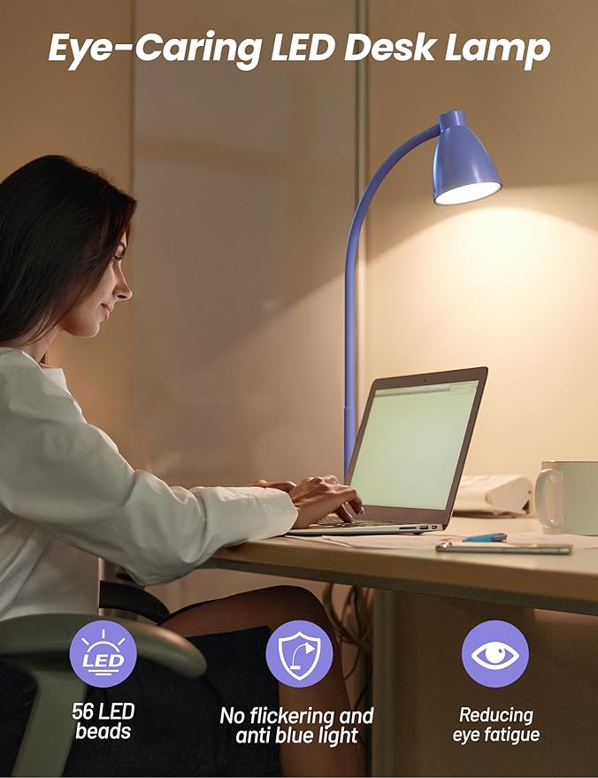 BOHON LED Desk Lamp with USB Charging Port, 3 Color Modes Fully Dimmable Reading Lamp, Auto Dimming Task Lamp, Flexible Gooseneck Table Light for Office Dorm Bedside, Adapter Include, Lilac Purple