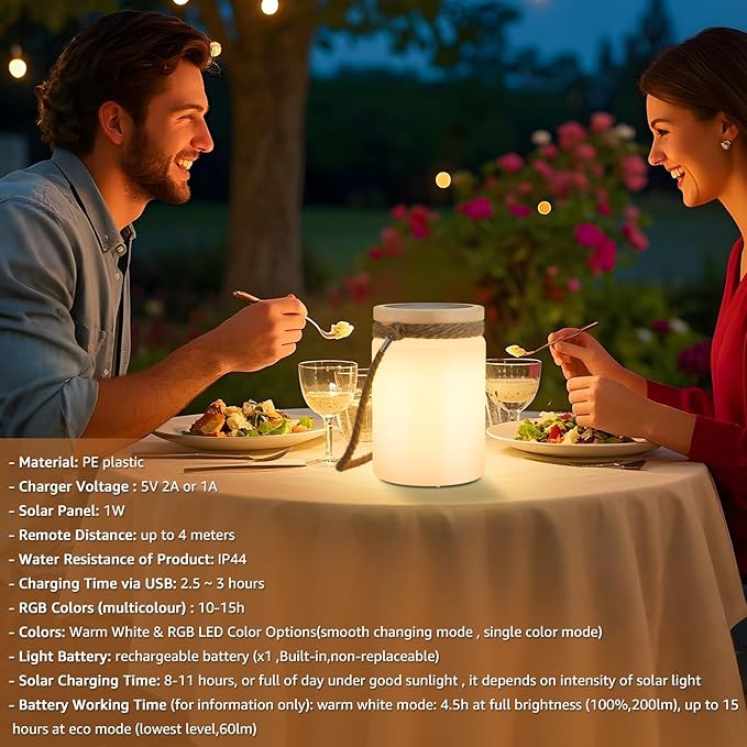 uuffoo Solar Table Lamp Lantern LED Outdoor Cordless IP44 RGB and Warm White Dimmable for Patio Camping Restaurant Terrace
