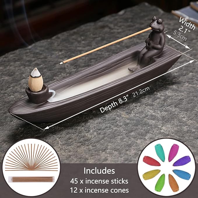ChangWanna Frog Incense Holder Waterfall - Ceramic Cone Backflow Incense Burner Smoke Fountain, Back Flowing Incense Diffuser with 45 Sticks & 12 Cones, Frog Ornament for Aromatherapy/Yoga/Home Decor