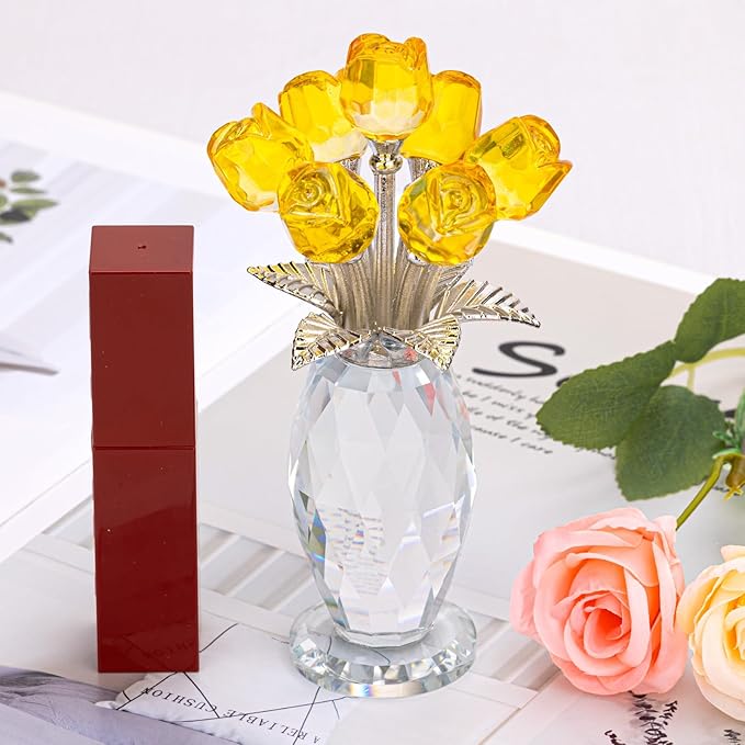 Glass Rose Flowers, Crystal Glass Figurines Rose Decorations for Home Gifts for Mom Wife Grandma, Crystal Flowers Collectible Ornament Mother's Day Thanksgiving Anniversary Birthday Gifts(Yellow Rose)