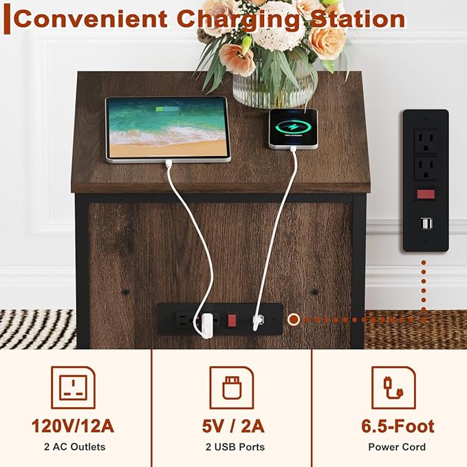 FATORRI End Table with Charging Station, Farmhouse Side Table with Drawer, Rustic Wood and Metal Nightstand and Bedside Tables for Living Room (Rustic Brown)