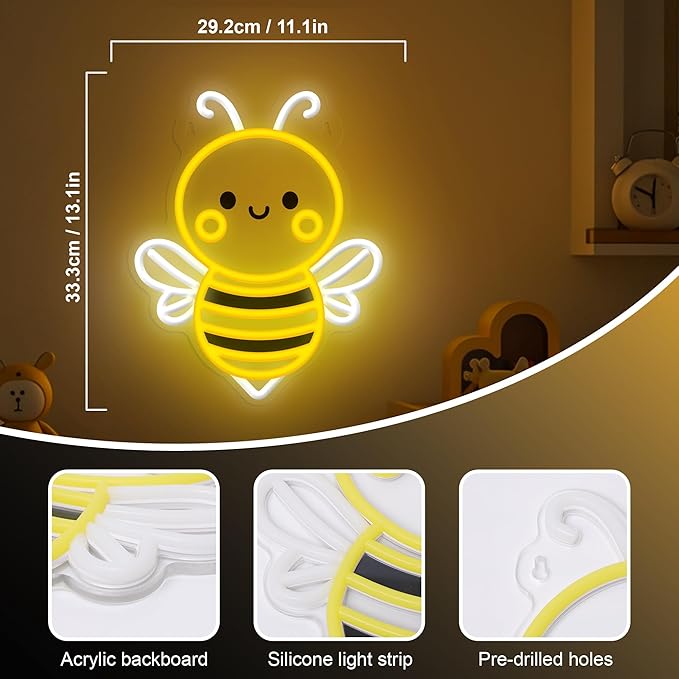 Bee Neon Sign Wall Art, Honey Bee Decor for Bedroom Living Room Office Patio Garden Stores, USB-Powered Energy-Saving Light with Hanging Kit, Gifts for Kids,Women,Beekeeper