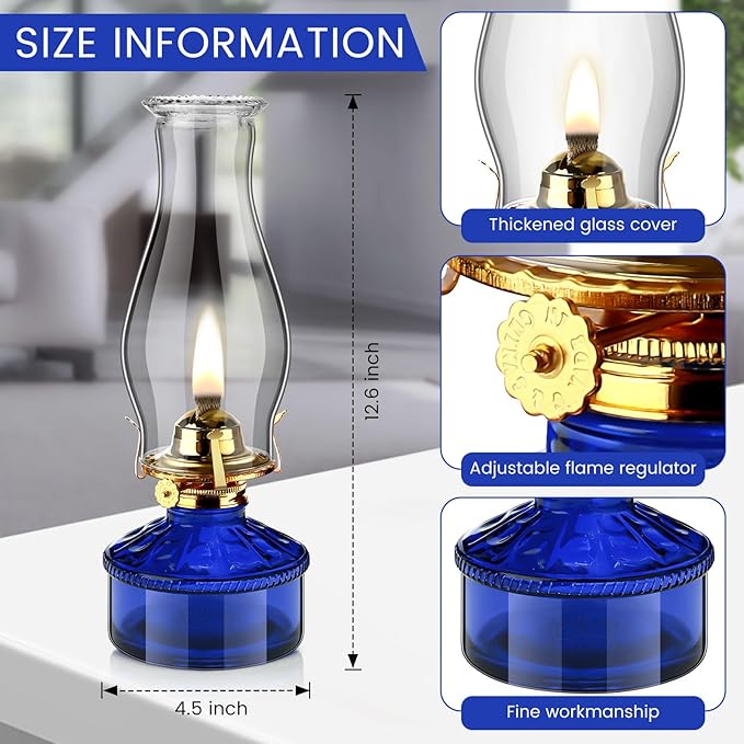 Tuanse 2 Pcs Oil Lamps for Indoor Use Vintage Hurricane Emergency Glass Oil Lamps Large Lantern Classic Decorative Oil Lamp for Home Tabletop Emergency Lighting Supplies(Royal Blue)