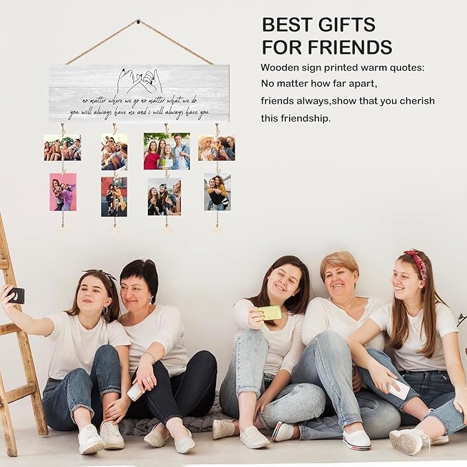 Orchroma Hanging Photo Display with Clips Wall Decor,Best Friends Picture Board for Photos,Friendship Gifts Ideas,Friend Picture Frames Collage Wall Decor for Dorm Room,Christmas Birthday Party (Gray)