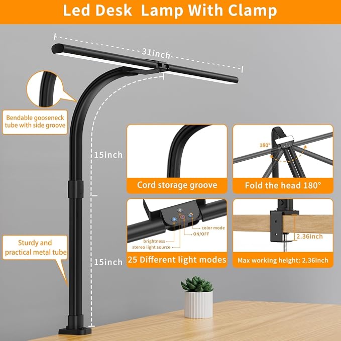 LED Desk Lamp for Home Office - 24W Bright Double Head Desk Light with Clamp Eye Caring Architect Task Light 25 Lighting Modes Adjustable Flexible Gooseneck Lamp