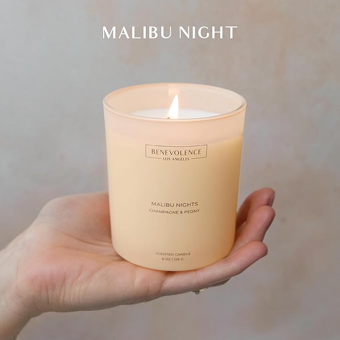 Champagne & Peony – Benevolence LA Scented Candle | 8oz, 45-Hour Burn | Natural Soy Wax, Cotton Wick | Romantic & Elegant Home Fragrance | Malibu Sands Collection – Gift for Women & Men