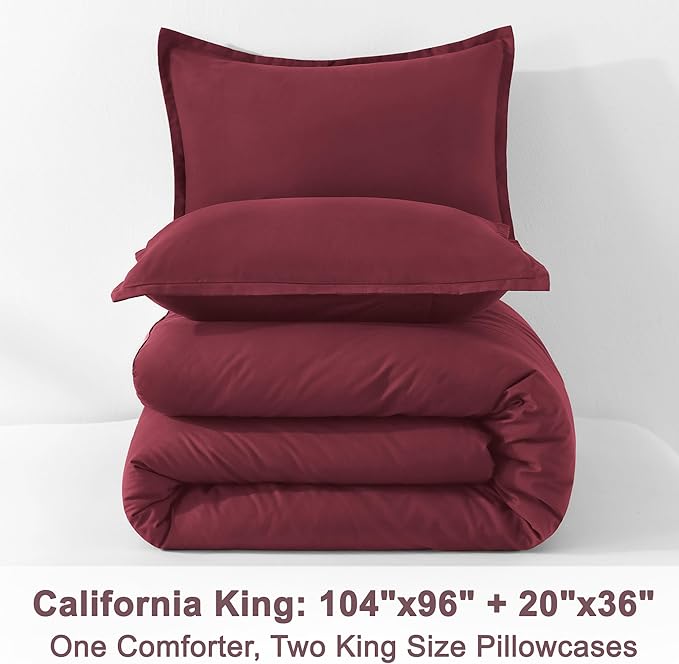 Litanika Burgundy Red Comforter Set California King Size, 3 Pieces Cal King Lightweight Solid Bedding Comforter Set, All Season Fluffy Bed Set (104x96In Comforter & 2 Pillowcases)