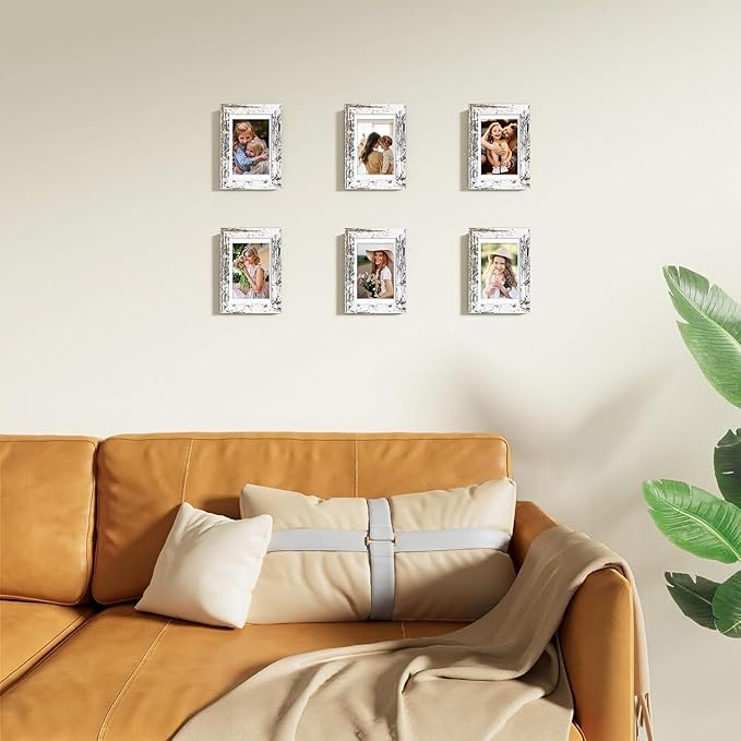 Vittanly 4x6 Picture Frames Set of 9, Shatter Resistant Plexiglass, Display 3.5x5 Pictures with Mat or 4x6 without Mat, Photo Frames for Wall or Tabletop, Engineered Wood, Distressed White
