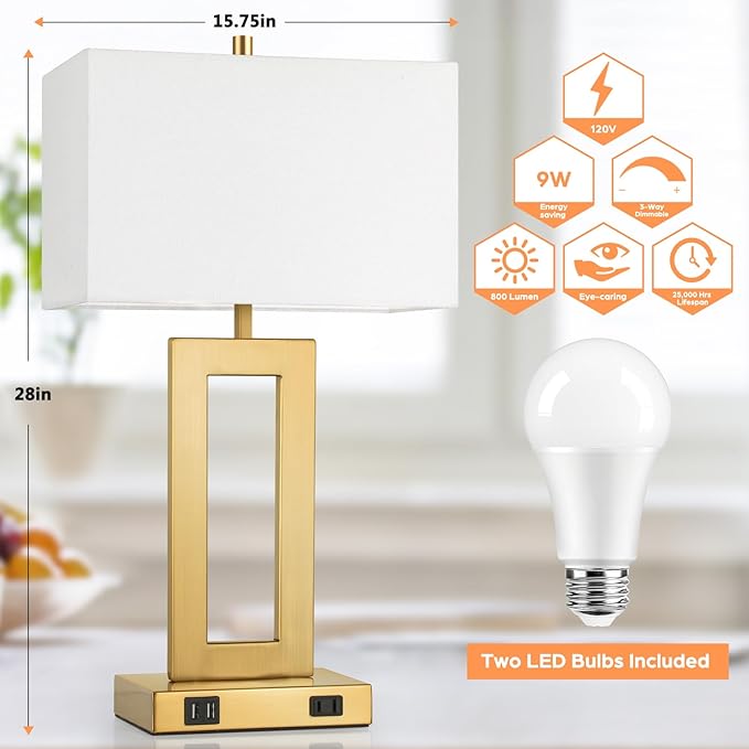 Modern Vintage Gold Table Lamp Set of 2, 28inch Tall Lamps for Living Room Bedroom with 2 USB Ports&AC Outlet, 3 Way Dimmable Touch Control Desk Lamps for Reading Home Office, E26 Socket, with Bulb
