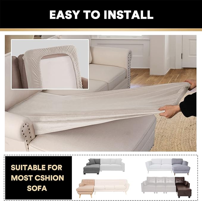 PrinceDeco Sectional Couch Covers Velvet Couch Cover for Dogs Washable L Shaped Couch Cover 1 Piece Individual Sectional Couch Covers with Elastic Bottom(Chaise Lounge,Ivory)