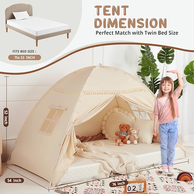 Full Size Bed Tent Canopy: Lights & Flags Indoor Floor Bed Kids Tent Playhouse - Portable & Foldable Twin Bunk Bed Curtains - Large Size Girls & Boys House Bedroom Privacy Space Sleeping Tents Gifts